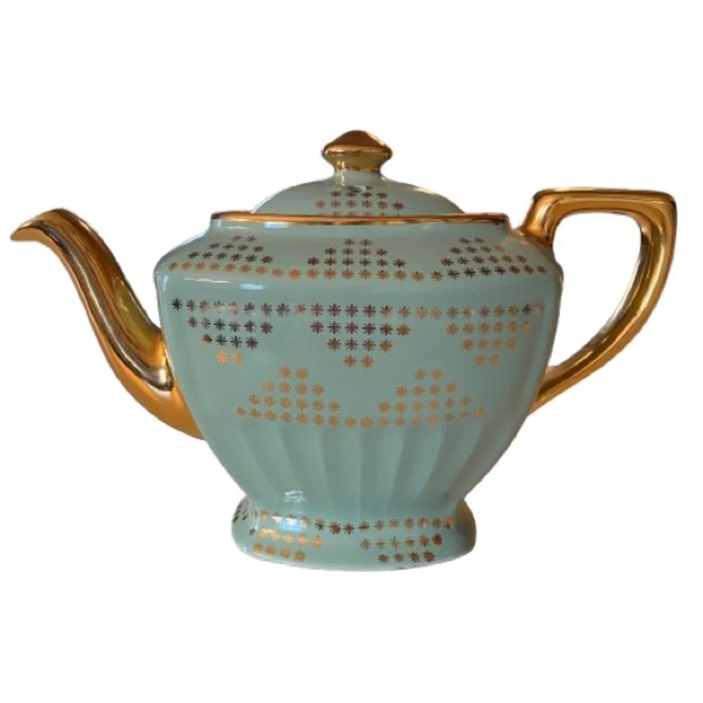 Vintage Hall Mint Green & Gold Atomic Teapot MCM 1950’s Hollywood Regency EUC
